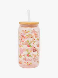 Strawberry Shortcake Custard & Strawberry Allover Print Glass Cup with Straw