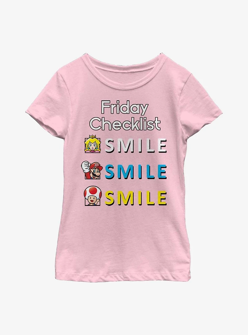 Nintendo Super Mario Friday Checklist Smile Youth Girls T-Shirt
