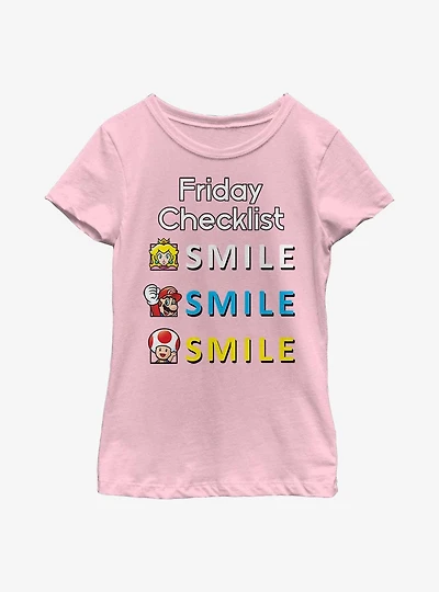Nintendo Super Mario Friday Checklist Smile Youth Girls T-Shirt