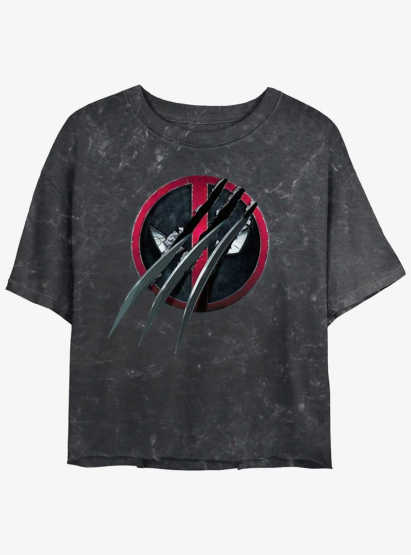 Marvel Deadpool & Wolverine Clawed Pool Womens Mineral Wash Crop T-Shirt