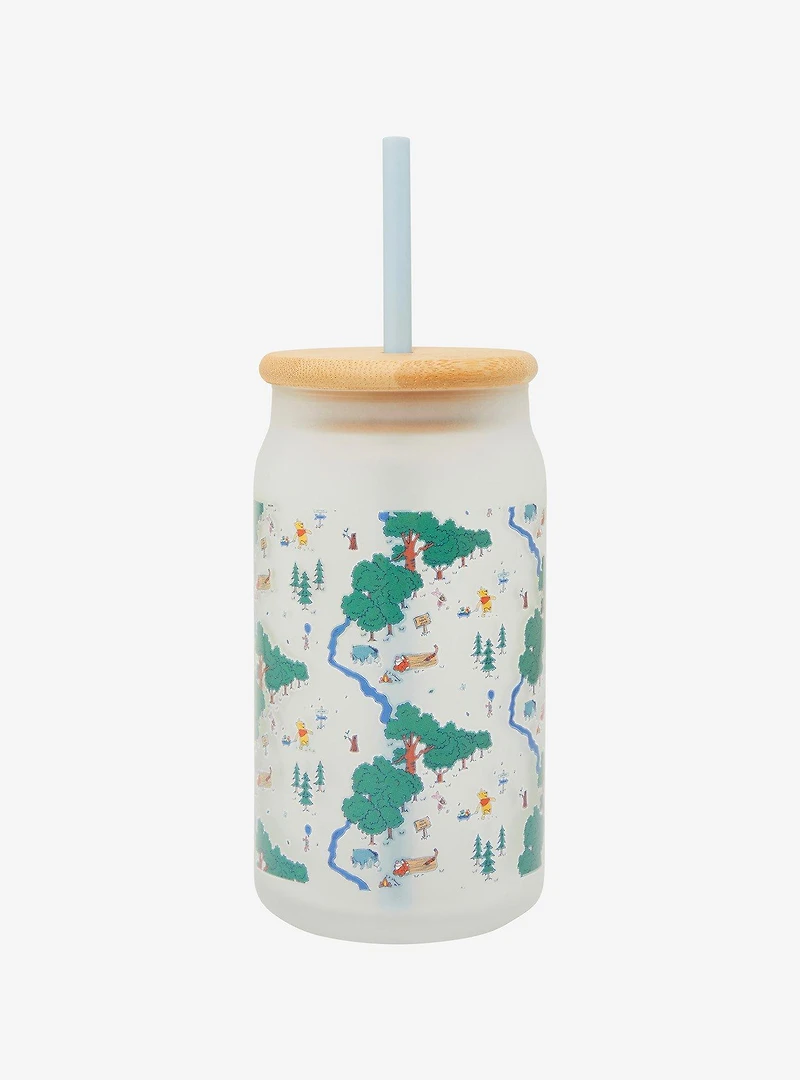 Disney Winnie the Pooh Hundred Acre Wood Map Frosted Glass Cup with Lid - BoxLunch Exclusive