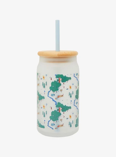 Disney Winnie the Pooh Hundred Acre Wood Map Frosted Glass Cup with Lid - BoxLunch Exclusive
