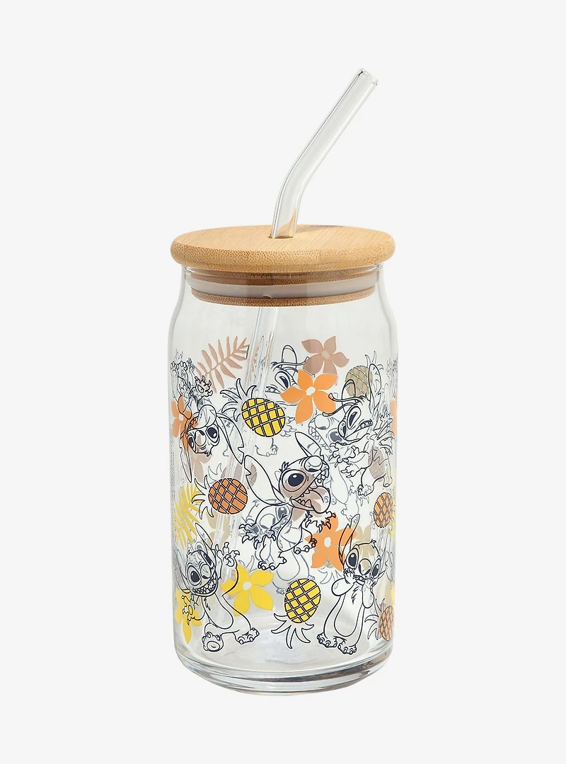 Disney Lilo & Stitch Pineapples & Stitch Allover Print Glass Cup with Straw - BoxLunch Exclusive