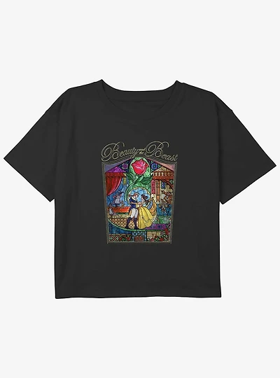 Disney Beauty and the Beast Stained Glass Love Story Youth Girls Boxy Crop T-Shirt