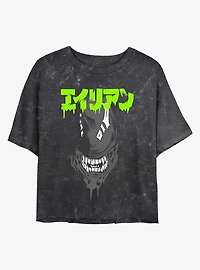 Alien Big Face Kanji Womens Mineral Wash Crop T-Shirt