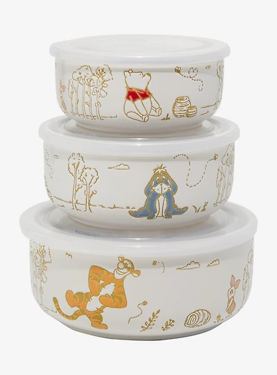 Disney Winnie the Pooh Wax Resist Characters Ceramic Food Storage Bowl Set