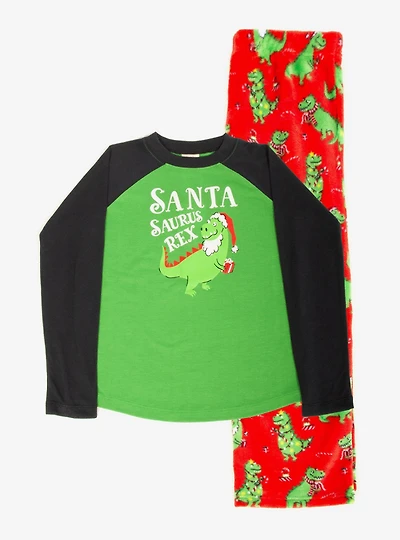 Santa Saurus Rex Raglan Long Sleeve Plush Youth Pajama Set