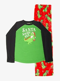 Santa Saurus Rex Raglan Long Sleeve Plush Youth Pajama Set