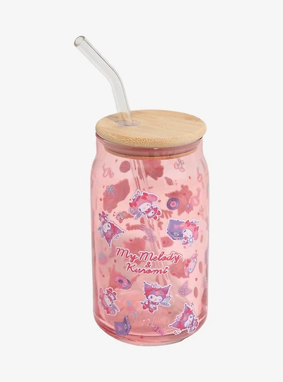 Sanrio My Melody & Kuromi Diner Allover Print Glass Cup with Straw