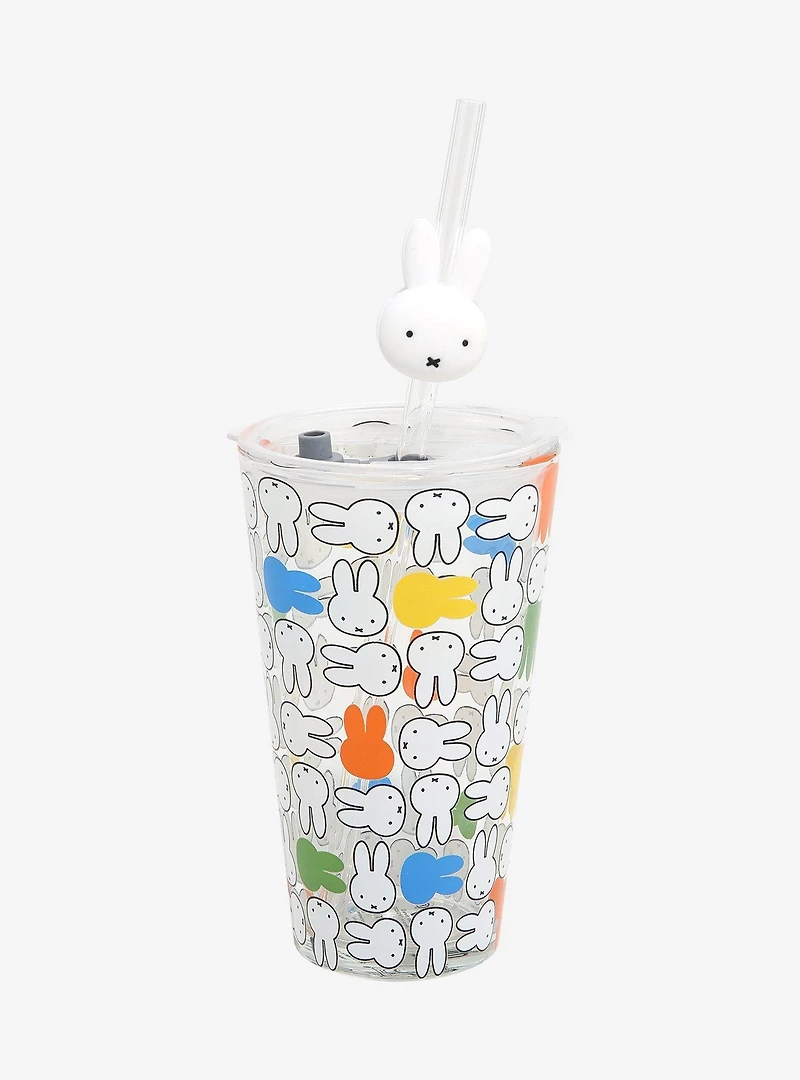 Miffy Faces Allover Print Glass Cup with Straw Charm