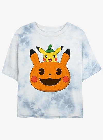 Pokemon Pumpkin Pikachu Womens Tie-Dye Crop T-Shirt