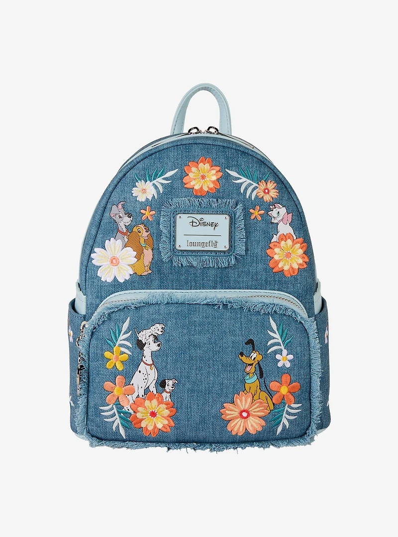 Loungefly Disney Dogs and Cats Floral Denim Fringe Mini Backpack