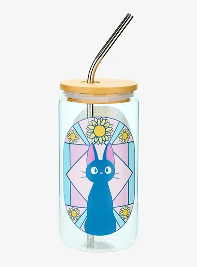 Studio Ghibli® Kiki's Delivery Service Jiji Stained Glass Portrait Glass Tumbler with Straw - BoxLunch Exclusive