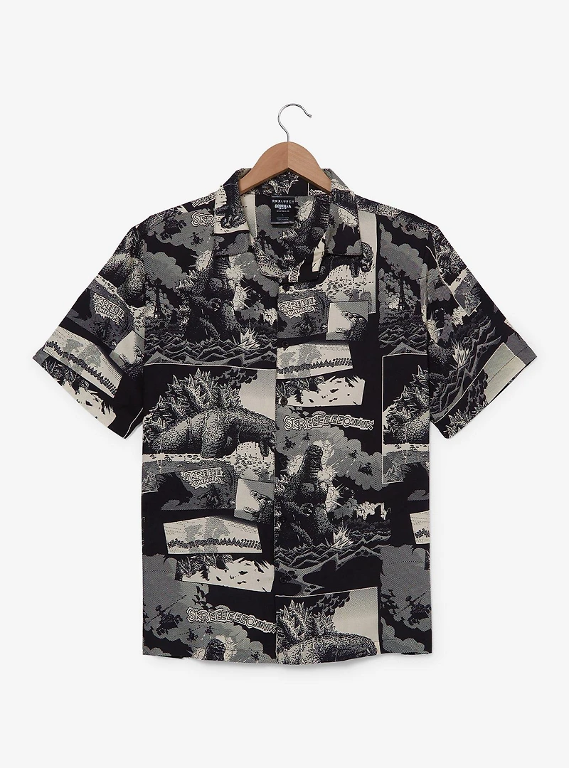 Godzilla Comic Panels Allover Print Woven Button-Up