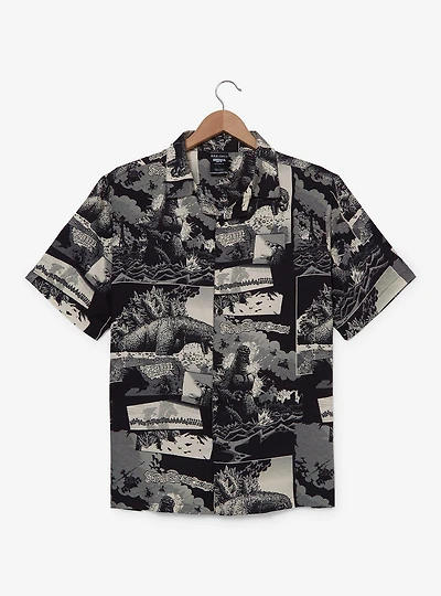 Godzilla Comic Panels Allover Print Woven Button-Up