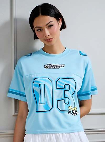 The Powerpuff Girls Bubbles Women's Cropped Football Jersey — BoxLunch Exclusive
