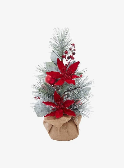 Flocked Tree with Berries and Poinsettia in Burlap Base