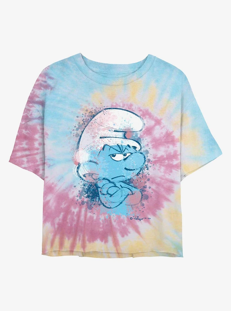 The Smurfs Angry Smurf Face Tie Dye Crop Womens T-Shirt