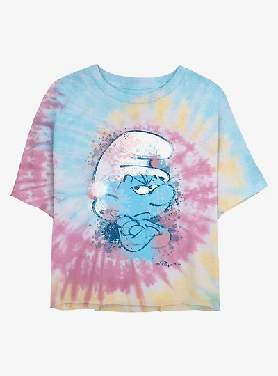 The Smurfs Angry Smurf Face Tie Dye Crop Womens T-Shirt