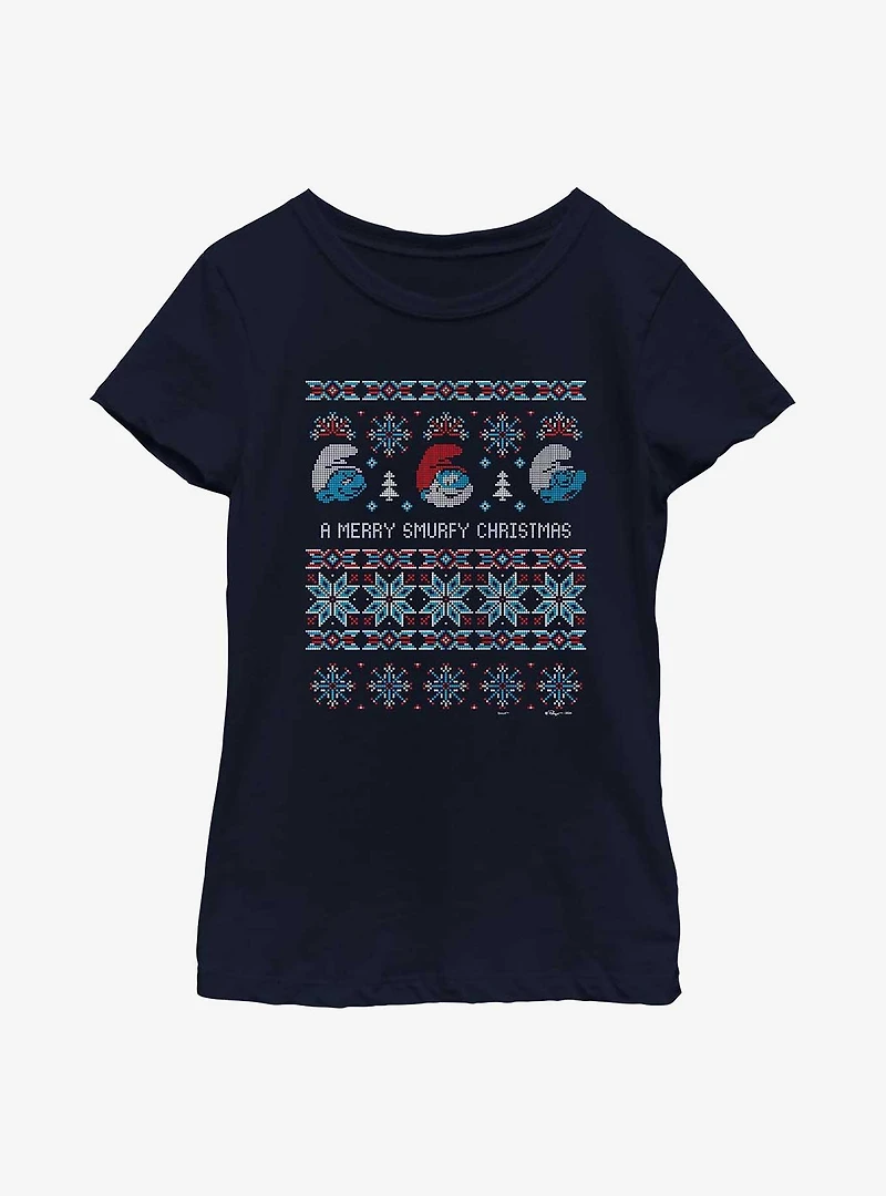 The Smurfs Ugly Sweater Smurfy Christmas Youth Girls T-Shirt