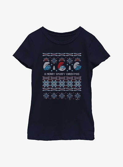 The Smurfs Ugly Sweater Smurfy Christmas Youth Girls T-Shirt