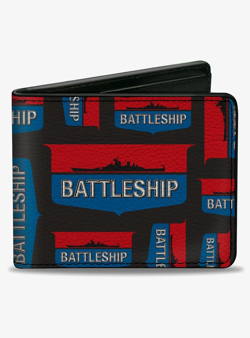 Battleship Ship Silhouette and Text Badge Collage Black Bifold Wallet