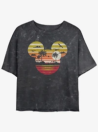 Disney Mickey Mouse Sunset Head Mineral Wash Womens Crop T-Shirt
