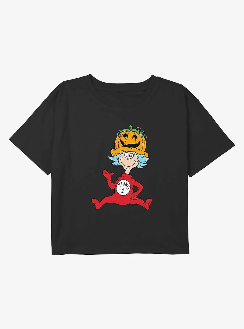 Dr Sesuss Pumpkin Hat Thing 1 Youth Girls Boxy Crop T-Shirt