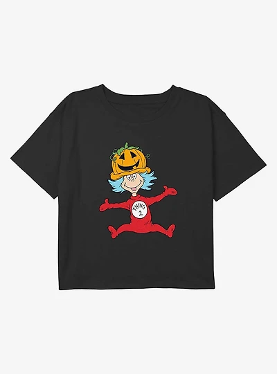 Dr Sesuss Pumpkin Hat Thing 2 Youth Girls Boxy Crop T-Shirt