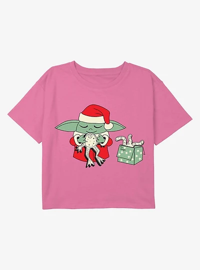 The Mandalorian Grogu Froggy Present Youth Girls Boxy Crop T-Shirt