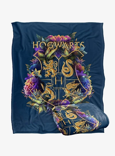 Harry Potter Hogwarts Floral Crest 50x60" Throw Blanket