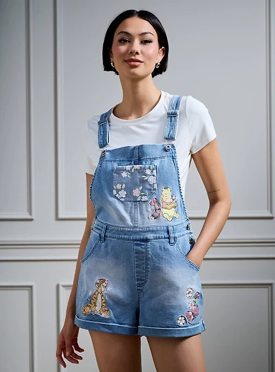 Disney Winnie the Pooh Floral Embroidered Women's Short Overalls