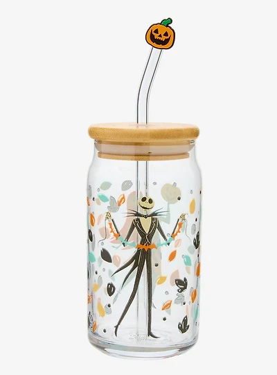 Disney The Nightmare Before Christmas Jack & Sally Halloween Decorations Glass Cup with Straw Charm
