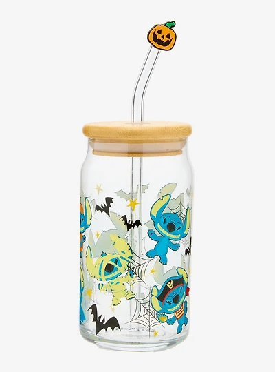 Disney Lilo & Stitch Costume Stitch Allover Print Glass Cup with Straw & Charm