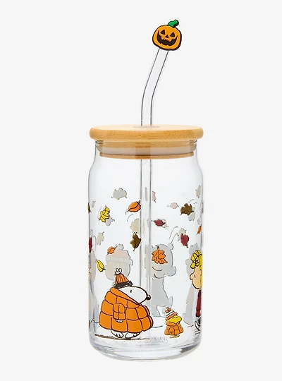 Peanuts Gang Fall Leaves Glass Cup with Straw & Charm