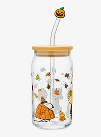 Peanuts Gang Fall Leaves Glass Cup with Straw & Charm