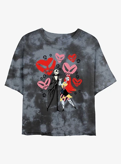 Disney The Nightmare Before Christmas Jack and Sally Doodle Hearts Tie Dye Crop Womens T-Shirt