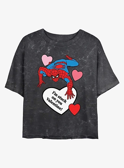 Marvel Spiderman Im Stuck On You Valentine Mineral Wash Womens Crop T-Shirt