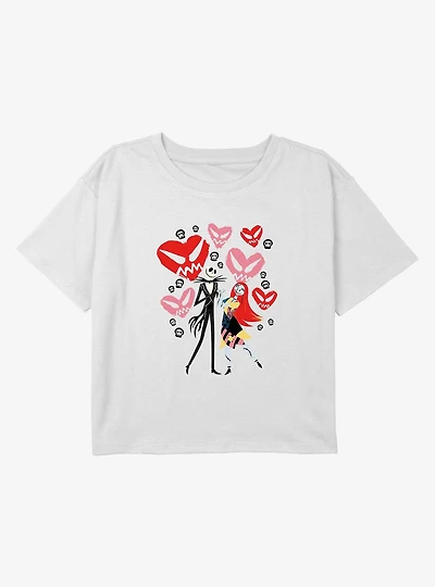 Disney The Nightmare Before Christmas Jack and Sally Doodle Hearts Youth Girls Boxy Crop T-Shirt
