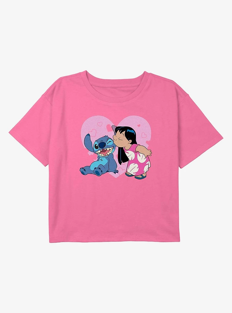 Disney Lilo & Stitch Heart Kisses Youth Girls Boxy Crop T-Shirt