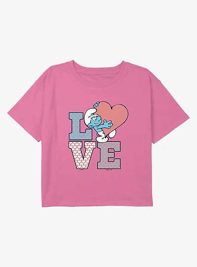 The Smurfs Love Stack Youth Girls Boxy Crop T-Shirt