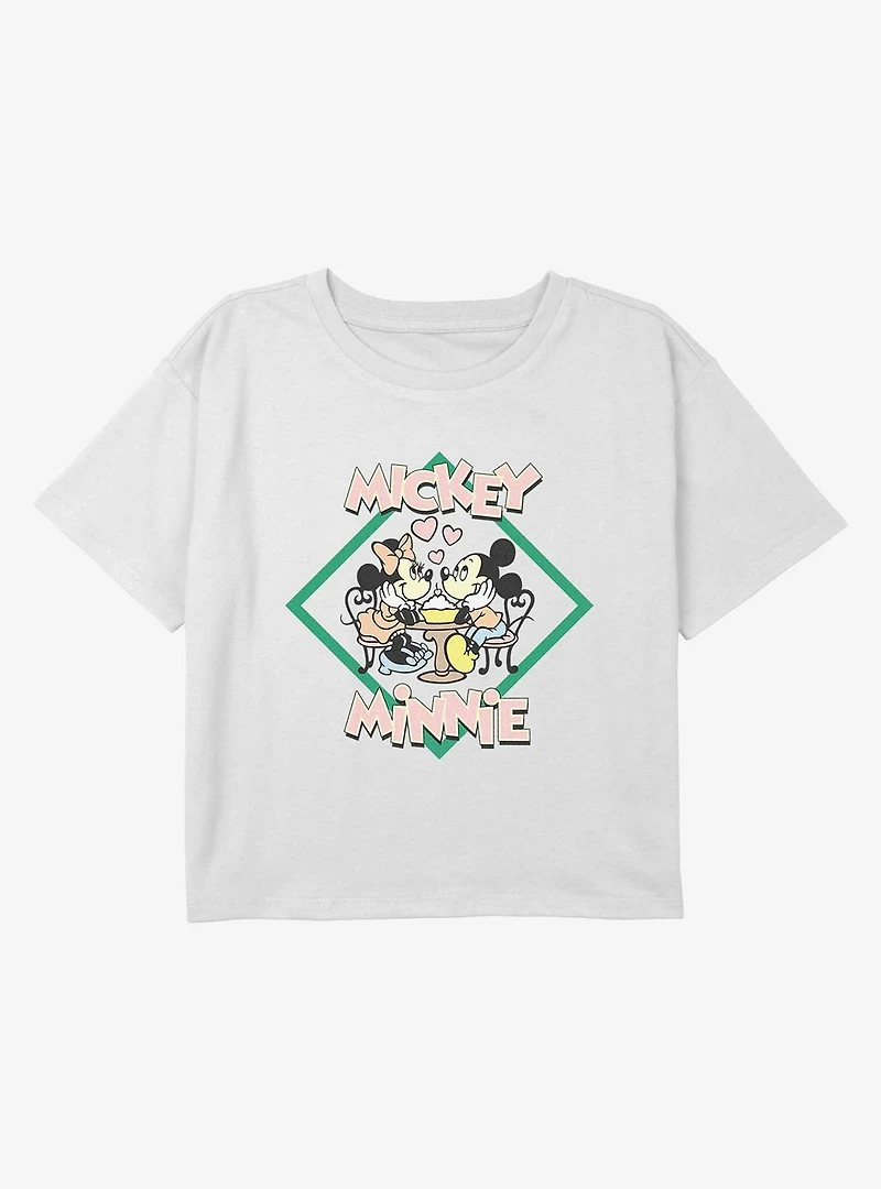 Disney Mickey Mouse and Minnie Dinner Plans Youth Girls Boxy Crop T-Shirt