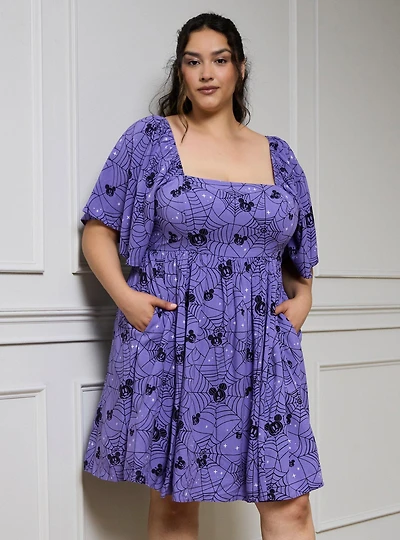 Disney Mickey Mouse Jack-o-Lantern Spiderweb Allover Print Plus Smock Dress - BoxLunch Exclusive