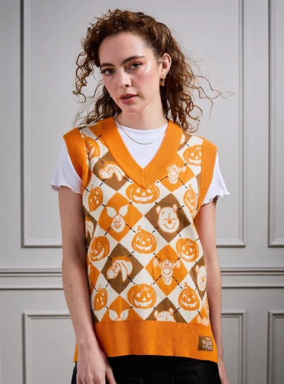 Disney Winnie the Pooh Characters & Pumpkins Argyle Women's Sweater Vest - BoxLunch Exclusive