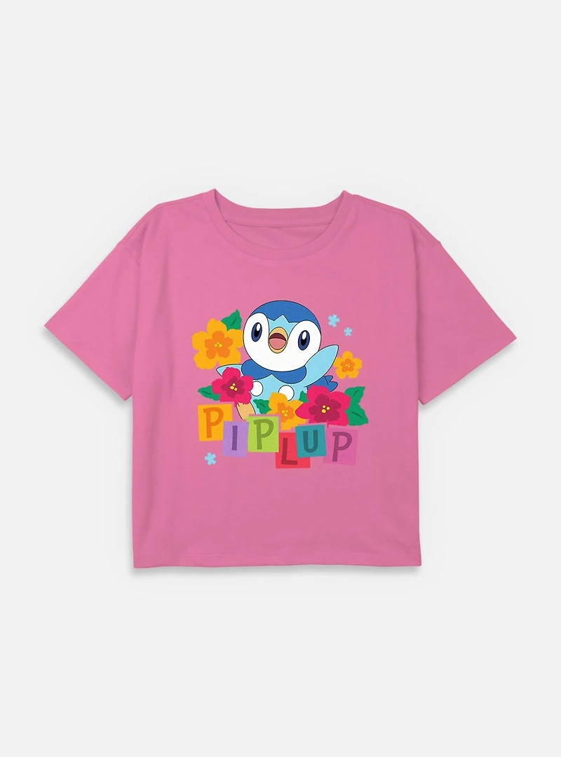 Pokemon Piplup Floral  Youth Girls Boxy Crop T-Shirt