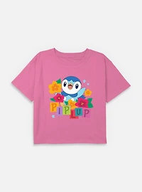 Pokemon Piplup Floral  Youth Girls Boxy Crop T-Shirt