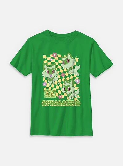 Pokemon Sprigatito Grass Type Checkered Youth T-Shirt