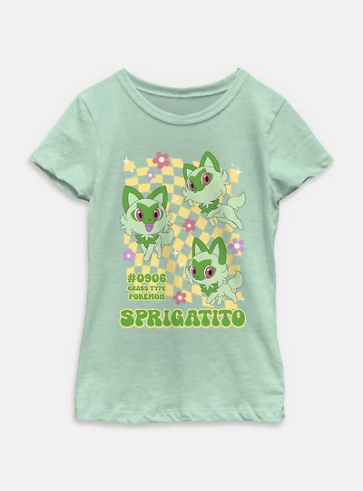 Pokemon Sprigatito Grass Type Checkered Youth Girls T-Shirt