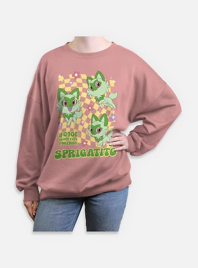 Pokemon Sprigatito Grass Type Checkered Womens Oversized Sweatshirt
