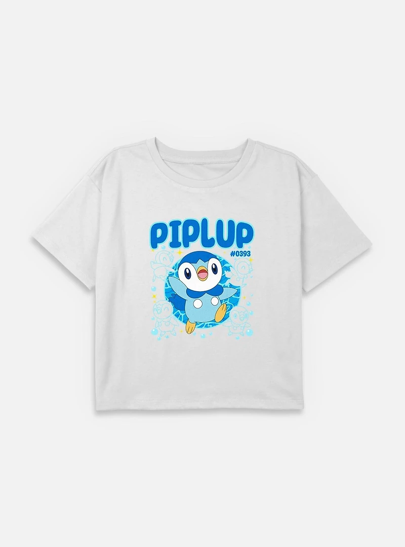 Pokemon Piplup Happy Icon Youth Girls Boxy Crop T-Shirt